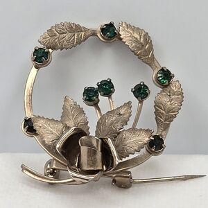 Vintage Gold and Green Rhinestones Leaf Wreath Cabbage Rose Brooch